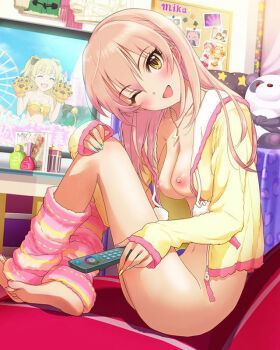 2girls ;d annindoufu_(oicon) barefoot blush bottomless breasts casual_nudity cleavage controller corkboard crossed_legs eyelashes feet hair_down head_tilt hood hoodie idolmaster idolmaster_cinderella_girls indoors jacket jewelry jougasaki_mika jougasaki_rika leg_warmers legs legs_folded long_hair looking_at_viewer multicolored_nails multiple_girls nail_polish necklace nipples no_bra no_panties nude_filter one_eye_closed open_clothes open_jacket open_mouth photo_(object) pink_hair pink_outfit remote_control room shorts siblings sisters sitting small_breasts smile soles solo solo_focus television thighs third-party_edit toeless_legwear toenail_polish toenails toes tsurime wink yellow_eyes yellow_jacket