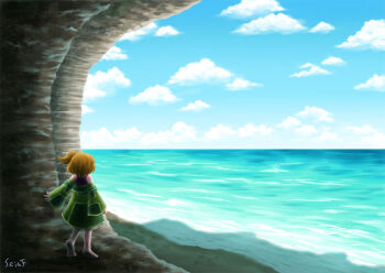 Rule 34 | 1girl, aine (hoshi wo miru hito), bare shoulders, barefoot, black tank top, blue sky, brown hair, cave, cloud, coat, day, feet, from behind, full body, fuyuzato seia, green coat, hoshi wo miru hito, long sleeves, ocean, off-shoulder coat, off shoulder, one side up, outdoors, shadow, short hair, signature, sky, sleeves past wrists, soles, solo, standing, stargazer (series), tank top, wide sleeves