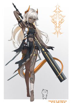 1girl absurdres akemiya_genma arm_at_side arm_behind_head arm_up armpits artist_name bandaged_ankle bare_shoulders barefoot black_gloves black_shorts body_markings breasts closed_mouth clothing_cutout commentary dark-skinned_female dark_skin expressionless full_body gloves highres holding holding_sword holding_weapon horns jewelry long_hair looking_at_viewer medium_breasts micro_shorts navel navel_cutout orange_eyes original pelvic_curtain pointy_ears shorts simple_background solo standing sword tail tareme thighlet walking weapon white_hair