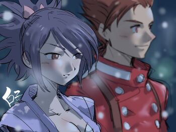 1boy 1girl breasts brown_eyes brown_hair cleavage closed_mouth commentary_request fujibayashi_sheena highres lloyd_irving purple_hair red_shirt shirako_(kirupi) shirt smile tales_of_(series) tales_of_symphonia