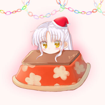 Rule 34 | 1girl, absurdres, angel beats!, blush stickers, christmas, christmas ornaments, closed mouth, commentary request, eyes visible through hair, food-themed hat, hair between eyes, half updo, hat, highres, kotatsu, long hair, looking at viewer, parted bangs, ponytail, red hat, santa hat, short ponytail, sidelocks, simple background, solo, table, tachibana kanade, white background, white hair, yellow eyes, zuzuhashi