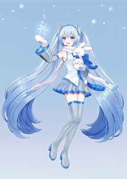 1girl 1other aqua_hair azaka_(pipponao) blue_eyes blue_necktie blue_scarf blue_trim blush boots commentary_request detached_sleeves gradient_hair hair_between_eyes hair_ornament hatsune_miku headset highres long_hair long_sleeves mittens multicolored_hair necktie official_alternate_costume open_mouth rabbit rabbit_yukine scarf shirt sleeveless sleeveless_shirt smile snowflake_print thigh_boots thighhighs twintails very_long_hair vocaloid white_mittens white_scarf white_shirt wide_sleeves yuki_miku yuki_miku_(2011) zettai_ryouiki