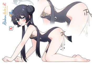 1girl :p absurdres aftersex all_fours ass bare_legs bare_shoulders barefoot black_dress black_hair blue_archive blush body_writing braid braided_bun breasts butterfly_hair_ornament china_dress chinese_clothes cum cum_in_pussy cumdrip double_bun dragon_print dress feet from_side grey_eyes hair_bun hair_ornament halo heart highres kisaki_(blue_archive) legs loli long_hair looking_at_viewer multiple_views no_panties pelvic_curtain print_dress rakuaki sideboob simple_background sleeveless sleeveless_dress small_breasts solo spoken_heart tally toes tongue tongue_out twintails white_background