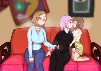 1futa 2girls biting_own_lip black_robe blue_shirt blurry blurry_background blush breasts breath brown_hair collarbone crona_(soul_eater) denim dress drooling erection eye_contact feet french_kiss futa_with_female futanari half-closed_eyes heart heart-shaped_pupils high_collar highres indoors kiss kneeling large_breasts large_penis loli long_sleeves looking_at_another mother_and_daughter multiple_girls older_female_and_younger_female on_bench painting_(object) parted_bangs penis purple_eyes purple_hair rachel's_mother_(soul_eater) rachel_boyd robe shirt short_hair signature sitting sleeveless sleeveless_dress small_breasts soul_eater steaming_body symbol-shaped_pupils toku69 tongue tongue_out