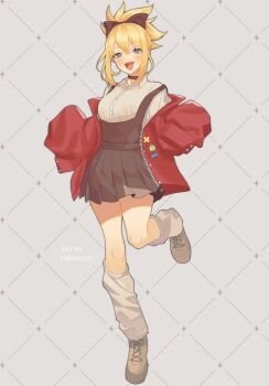 Rule 34 | 1girl, :d, alternate costume, black bow, blonde hair, blue eyes, blush, bow, breasts, brown bow, brown skirt, choker, collared shirt, commentary, contemporary, dr. stone, english commentary, full body, hair bow, highres, jacket, jewelry, kohaku (dr. stone), kuraschuu, long sleeves, looking at viewer, loose socks, off shoulder, open clothes, open jacket, open mouth, pleated skirt, ponytail, red jacket, shirt, shoes, skirt, sleeves past fingers, sleeves past wrists, smile, socks, solo, standing, suspender skirt, suspenders, white shirt