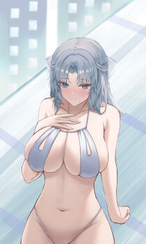 1girl absurdres azur_lane bare_shoulders bikini blue_eyes breasts cleavage collarbone from_above grey_bikini grey_hair hand_on_own_chest highres huge_breasts ling_yi_de_lei_ke medium_hair navel official_alternate_costume senran_kagura solo swimsuit yumi_(afternoon_teatime)_(senran_kagura) yumi_(senran_kagura)