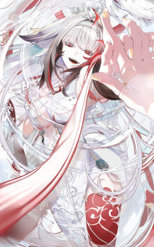 1girl 1other absurdres animal_ears black_hair breasts commentary_request dress fox_ears fox_girl hair_intakes highres interlocked_fingers large_breasts long_hair looking_at_viewer multicolored_hair open_mouth red_eyes red_hair smile streaked_hair very_long_hair white_dress white_hair ye_shunguang yonemuro zenless_zone_zero