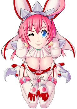 blue_eyes breasts cleavage elphelt_valentine fingerless_gloves gloves guilty_gear hairband highres kneeling large_breasts looking_at_viewer one_eye_closed pink_hair rabbit_ears short_hair teevo transparent_background wink