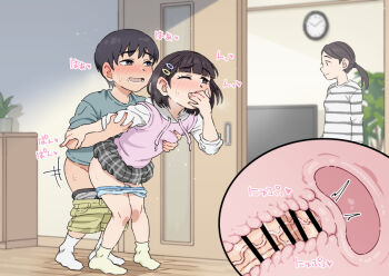 1boy 2girls bar_censor black_hair blue_panties brother_and_sister censored clothed_sex commentary_request covered_mouth cross-section grabbing_another's_breast grabbing_from_behind groping hair_ornament hairpin hetero incest indoors kodomo_doushi loli mimi_(pixiv51030577) multiple_girls original paid_reward_available panties panty_pull penis sex sex_from_behind short_hair shota siblings sound_effects standing standing_sex stealth_sex sweat underwear uterus veins veiny_penis