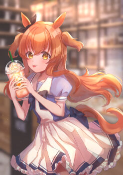 Rule 34 | 1girl, absurdres, animal ears, back bow, blurry, blurry background, blush, bow, bowtie, brown ribbon, carrot print, commentary, cowboy shot, drinking straw, ear bow, ear ribbon, food print, halhalmofu0324, highres, holding, horse ears, horse girl, horse tail, horseshoe ornament, indoors, long hair, looking at viewer, mayano top gun (umamusume), orange eyes, orange hair, orange tail, pleated skirt, puffy short sleeves, puffy sleeves, purple bow, purple bowtie, purple shirt, ribbon, sailor collar, school uniform, shirt, short sleeves, skirt, smile, smoothie, solo, tail, tongue, tongue out, tracen school uniform, two side up, umamusume, whipped cream, white skirt