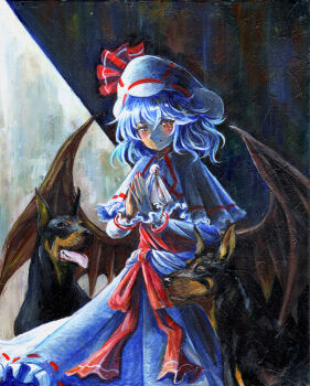 1girl absurdres ascot bat_wings blue_eyes blue_hair blush capelet closed_mouth commentary_request curiosities_of_lotus_asia dobermann dog dress harikona hat highres long_sleeves looking_at_viewer medium_hair oil_painting_(medium) painting_(medium) red_nails red_sash remilia_scarlet sash smile solo steepled_fingers touhou traditional_media white_dress white_hat wings
