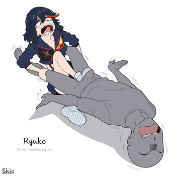 1boy 1girl ball_busting bulge denki_anma erection erection_under_clothes highres kill_la_kill knee_grab matoi_ryuuko shiosatou999 sweat