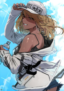 1girl absurdres blonde_hair bottle commentary_request dark-skinned_female dark_skin earrings fingernails ganguro gyaru highres jacket jewelry long_fingernails long_hair looking_at_viewer morning original shitappa0120 short_shorts shorts smile solo solo_focus sunlight sweat sweatdrop tank_top water_bottle