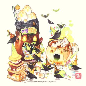 Rule 34 | !?, > <, bird, blue gem, cauldron, chibi, chibi only, chocolate, commentary request, copyright notice, crow, cup, drinking straw, eating, fire, firewood, food, gem, graham cracker, green gem, halloween, hat, heart, highres, holding, holding cup, ice cream cone, jack-o'-lantern, korean commentary, marshmallow, monocle, mushroom, no humans, original, pink gem, roasted marshmallow, s'more, sign, smoke, sparkle, speech bubble, star (symbol), stirring, talbi, torn bag, waffle cone, watermark, witch hat, yellow gem