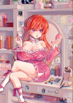 absurdres breasts commentary desk english_commentary highres hololive hololive_english large_breasts lipstick makeup on_desk orange_hair pink_eyes rune_w34 sitting takanashi_kiara