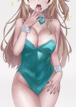 Rule 34 | 1girl, aqua bow, aqua bowtie, aqua leotard, black hair, bow, bowtie, breasts, brown hair, cleavage, commentary, detached collar, english commentary, eyes out of frame, hand on own hip, hand up, head out of frame, highres, hololive, hololive english, large breasts, leotard, long hair, multicolored hair, nail polish, nanashi mumei, open mouth, playboy bunny, revision, simple background, solo, standing, strapless, strapless leotard, streaked hair, teeth, tongue, tongue out, unmeidesu, upper teeth only, virtual youtuber, white background, wrist cuffs