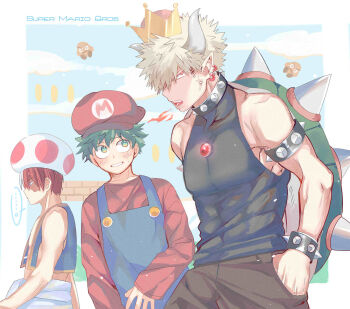 ... 3boys anger_vein armlet bakugou_katsuki bare_shoulders black_pants black_shirt blonde_hair blue_eyes blue_overalls blue_vest blush boku_no_hero_academia border bowser bowser_(cosplay) bracelet breath_weapon breathing_fire brick_wall chest_jewel cloud cloudy_sky copyright_name cosplay crown earrings fire freckles furrowed_brow gem goomba green_eyes green_hair hair_between_eyes halterneck hand_in_pocket hat highres horns jewelry male_focus mario mario_(cosplay) mario_(series) midoriya_izuku midriff mikan_(artist) multicolored_hair multiple_boys multiple_earrings muscular muscular_male mushroom_hat nervous_smile nintendo open_mouth overalls pants parted_lips pointy_ears red_eyes red_gemstone red_hair red_hat red_shirt scar scar_across_eye scar_on_face shirt short_hair sky smile spiked_armlet spiked_bracelet spiked_hair spiked_shell spikes spoken_ellipsis super_mario_bros._1 sweatdrop toad_(mario) toad_(mario)_(cosplay) todoroki_shoto two-tone_hair vest white_border white_hair white_pants