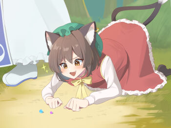 Rule 34 | 2girls, :3, animal ear fluff, animal ear piercing, animal ears, boots, bow, bowtie, brown eyes, brown hair, cat ears, cat tail, chen, commentary request, earrings, fang, frilled skirt, frills, green hat, hat, highres, jewelry, kagetora1552, long sleeves, marble (toy), mob cap, multiple girls, multiple tails, nekomata, open mouth, red skirt, red vest, single earring, skirt, smile, solo focus, tabard, tail, touhou, two tails, vest, white boots, yakumo ran, yellow bow, yellow bowtie