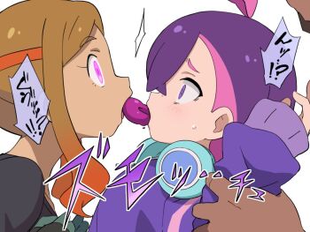 1boy 2girls alternate_eye_color antenna_hair black_shirt bright_pupils commentary_request crossed_bangs dark-skinned_male dark_skin dot_(pokemon) eating food from_side gloves hand_up hands_up hitsugi_mc holding_another's_arm jacket long_sleeves mind_control mochi mouth_hold multicolored_hair multiple_girls murdock_(pokemon) nintendo orla_(pokemon) parted_bangs pokemon pokemon_(anime) pokemon_horizons purple_eyes shirt sidelocks sleeves_past_wrists sweatdrop two-tone_hair