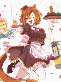 Rule 34 | 1girl, animal ears, apron, breasts, broccoli, brown shirt, brown skirt, carrot hamburger steak, coco's, commentary, domdam80, ear ornament, flower, food, hair between eyes, hat, holding, holding food, holding plate, horse ears, horse girl, horse tail, kettybot, looking at viewer, medium breasts, neckerchief, one eye closed, open mouth, orange hair, orange tail, pancake, pancake stack, pink neckerchief, plate, puffy short sleeves, puffy sleeves, purple eyes, red flower, red rose, robot, rose, shirt, shoes, short hair, short sleeves, skirt, smile, solo, steaming food, symbol-only commentary, t.m. opera o (umamusume), tail, thighhighs, umamusume, waist apron, white apron, white thighhighs, white wrist cuffs, wrist cuffs