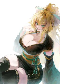Rule 34 | 1girl, absurdres, adapted costume, alternate hairstyle, arm behind back, blonde hair, blush, breasts, cleavage, commentary, commission, cosplay, detached sleeves, frederica baumann, green eyes, hair between eyes, head on hand, highres, japanese clothes, kimono, large breasts, long hair, looking at viewer, open mouth, ponytail, ram (re:zero), ram (re:zero) (cosplay), re:zero kara hajimeru isekai seikatsu, rem (re:zero), rem (re:zero) (cosplay), ribbon, secondhand9280, sharp teeth, short kimono, short yukata, sitting, skindentation, smile, solo, teeth, thick eyebrows, thighhighs, wide sleeves, yukata
