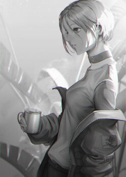 1girl absurdres belt breasts choker coffee_mug commentary cup doloyume english_commentary fern from_side greyscale highres holding holding_cup jacket jacket_partially_removed light_particles long_sleeves medium_breasts mole mole_under_mouth monochrome mug original parted_lips patch plant profile shirt short_hair solo standing t-shirt unzipped upper_body zipper