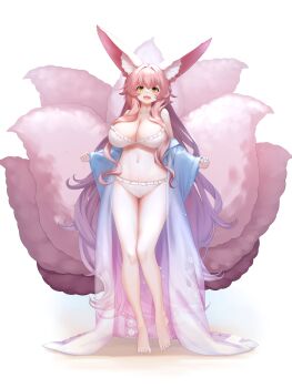 1girl :d animal_ear_fluff animal_ears bare_shoulders barefoot bikini breasts cleavage collarbone commentary_request fox_ears fox_girl fox_tail frilled_bikini frills full_body gradient_hair green_eyes hair_between_eyes highres kitsune kyuubi large_breasts long_sleeves looking_at_viewer multicolored_hair multiple_tails navel open_mouth original pink_hair purple_hair simple_background smile solo standing swimsuit tail white_background white_bikini wide_sleeves yuuji_(yukimimi)