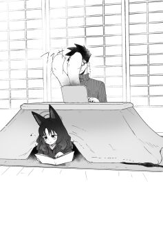 1boy 1girl aged_up alternate_hair_length alternate_hairstyle animal_ears bakeneko blue_archive blush book cat_ears cat_girl cat_tail closed_mouth commentary_request computer glasses greyscale highres indoors kikyou_(blue_archive) kotatsu laptop lying monochrome multiple_tails on_stomach reading sensei_(blue_archive) shouji sitting sliding_doors smile suecovsky sweater table tail turtleneck turtleneck_sweater two_tails under_kotatsu under_table