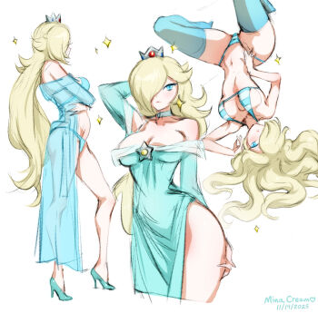 1girl absurdres alternate_costume arms_under_breasts bare_shoulders bikini blonde_hair blue_bikini blue_coat blue_dress breasts brooch cleavage coat crown dress earrings from_side hair_over_one_eye highres jewelry large_breasts long_hair mario_(series) mina_cream mini_crown multiple_views nintendo off_shoulder open_clothes open_coat rosalina see-through_clothes see-through_coat simple_background sketch sparkle star_brooch swimsuit upside-down white_background