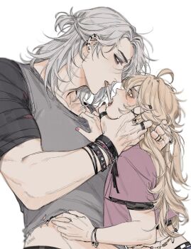 2boys aether_(genshin_impact) alternate_costume black_nails blush bracelet chiiann cigarette clothes_lift commentary cowboy_shot ear_piercing earrings english_commentary eye_contact from_side genshin_impact hand_in_another's_hair hand_on_another's_face head_back highres jewelry long_hair looking_at_another male_focus midriff multiple_boys multiple_earrings multiple_rings nail_polish nervous_sweating parted_hair piercing pink_shirt red_eyes red_nails rerir_(genshin_impact) ring shirt shirt_lift simple_background sweat tongue tongue_out upper_body white_background yaoi