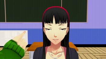 20s 2girls 3d amagi_yukiko animated animated_gif atlus black_eyes black_hair black_shirt blinking chalkboard classroom collarbone desk female_focus green_jacket hairband happy hypnosis indoors interior jacket jewelry long_hair looking_at_viewer looping_animation matching_hair/eyes megami_tensei mind_control multiple_girls necklace out_of_frame persona persona_4 persona_4:_dancing_all_night persona_dancing rolling_eyes satonaka_chie school shelf shin_megami_tensei shirt short_sleeves sitting smile snapping_fingers source_filmmaker_(medium) trigger viewfinder vynil waking_up watching