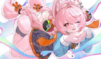 1girl absurdres ahoge animal_ear_piercing animal_ears animal_hands ankle_strap barefoot black_dress blue_shirt braid dress furry furry_female hair_ornament highres long_hair long_sleeves looking_at_viewer one_eye_closed open_mouth pepeti_q pinafore_dress pink_fur pink_hair rabbit_ears rabbit_girl red_eyes shirt sleeveless sleeveless_dress solo sphere_hair_ornament teeth twin_braids upper_teeth_only zenless_zone_zero zhao_(zenless_zone_zero)