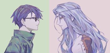 2boys back_tattoo beard_stubble black-framed_eyewear blue_eyes blue_hair facial_hair from_side glasses green_background green_jacket grey_background grey_hair half-closed_eye high_collar highres jacket long_hair looking_at_viewer male_focus multiple_boys orange-tinted_eyewear parted_lips persona persona_3 portrait profile rectangular_eyewear sakaki_takaya shirato_jin short_hair simple_background split_screen stubble tattoo tinted_eyewear tkjnbrnrt topless_male yellow_eyes