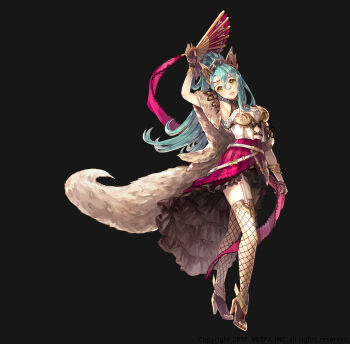 1girl absurdres animal_print arm_up bangle belt black_bow black_gloves colored_petticoat bow bracelet breasts cape cassandra_(king&#039;s_raid) commentary english_commentary ezu_(leejiyu) fingerless_gloves fishnet_gloves fishnet_thighhighs fishnets frills full_body fur_cape garter_straps gloves gold_bracelet gold_shoes green_eyes green_hair hair_between_eyes half_gloves hand_fan head_chain headpiece high_heels highres holding holding_fan holding_ribbon jewelry king&#039;s_raid large_breasts leopard_print lipstick long_hair makeup mole mole_under_mouth official_art open_mouth petticoat ponytail red_fan red_ribbon red_skirt ribbon shirt shoes showgirl_skirt skirt smile solo striped_clothes striped_skirt thighhighs vertical-striped_clothes vertical-striped_skirt very_long_hair white_belt white_shirt