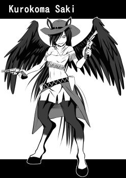 Rule 34 | 1girl, animal ears, ayana mizuki, belt, breasts, commentary request, covered navel, cowboy hat, cowboy western, dress, dual wielding, ears through headwear, full body, greyscale, grin, gun, hair over one eye, handgun, hat, highres, holding, holding gun, holding weapon, hooves, horse ears, horse girl, horse tail, kurokoma saki, long hair, looking at viewer, monochrome, off-shoulder dress, off shoulder, revolver, small breasts, smile, solo, tail, touhou, very long hair, weapon