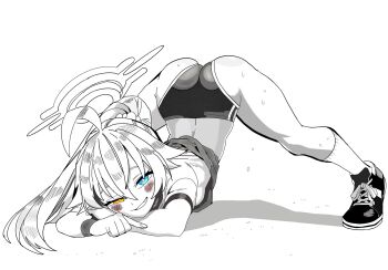 1girl ahoge blue_archive blue_eyes blush breasts buruma commentary english_commentary eyebrows_hidden_by_hair full_body greyscale gym_shirt hair_ornament hair_scrunchie halo heterochromia highres hoshino_(blue_archive) jack-o'_challenge kunitoro_(artist) long_hair monochrome orange_eyes petite ponytail scrunchie shirt shoes small_breasts smile sneakers solo spot_color sweat wristband