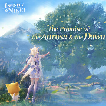 1girl 2025 3d absurdres ahoge album_cover animal artist_request bilingual_text blue_sky boots cat chinese_text cloak clothed_animal cloud coattails commentary company_name copyright_logo cover day dress ear_covers english_commentary english_text falling_leaves flower forest four-pointed_star frilled_anklet frilled_sleeves frills full_body gradient_thighhighs hat high_heel_boots high_heels highres hill hood hood_up hooded_cloak in-universe_location infinity_nikki leaf light_rays logo long_hair low_twintails mixed-language_text momo_(nikki) mountain multicolored_thighhighs nature nikki_(series) official_art outdoors plant pointing pointing_at_object pom_pom_(clothes) print_sleeves puffy_short_sleeves puffy_sleeves purple_boots purple_hair purple_romper purple_thighhighs second-party_source see-through_clothes see-through_dress see-through_thighhighs short_sleeves sky standing star_(symbol) star_print starlet_burst_(infinity_nikki) tailcoat thighhighs tree twintails two-tone_thighhighs very_long_hair vines wavy_hair white_cat white_dress white_hat white_thighhighs yellow_cloak yellow_flower