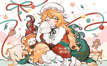 1girl artist_request bow bowtie christmas_nightmare_(e.g.o) commission dress e.g.o_(project_moon) frilled_sleeves frills gingerbread_cookie hat highres ishmael_(project_moon) limbus_company long_hair mob_cap orange_eyes orange_hair pillow project_moon second-party_source shawl sidelocks sleeves_past_fingers sleeves_past_wrists solo striped_bow stuffed_animal stuffed_octopus stuffed_sheep stuffed_toy tentacles very_long_hair white_background white_dress white_hat