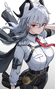 1girl absurdres arm_pouch armband bags_under_eyes black_armband black_choker black_horns black_jacket black_pants button_gap chest_harness choker closed_mouth collared_shirt commentary cowboy_shot curled_horns earrings english_commentary grey_hair hair_between_eyes harness high-waist_pants highres horns jacket jacket_on_shoulders jewelry key_earrings long_hair looking_at_viewer mole mole_under_eye necktie pants pouch red_eyes red_necktie ryeon_(naturesan) shirt shirt_tucked_in simple_background solo white_background white_shirt wuthering_waves zani_(wuthering_waves)