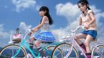 2girls 3d animated bandaid bicycle black_hair close-up clothes_lift flat_chest from_below hairdressing kneehighs kneeling loli multiple_girls outdoors panties print_panties rainbowbambi riding shoes skirt skirt_lift sky sneakers socks striped_clothes striped_legwear striped_panties table thighs twintails underwear upskirt video writing