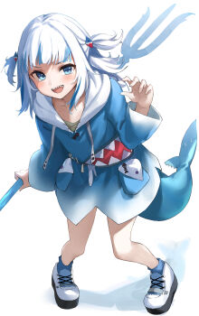 1girl :d bare_legs blue_eyes blue_hair blue_hoodie blue_socks blunt_bangs claw_pose fins fish_tail gawr_gura gawr_gura_(1st_costume) highres holding holding_polearm holding_weapon hololive hololive_english hood hoodie kakutasu long_sleeves looking_at_viewer medium_hair multicolored_hair open_mouth pigeon-toed polearm shadow shark_tail sharp_teeth shoes smile sneakers socks standing streaked_hair tail teeth two_side_up upper_teeth_only v-shaped_eyebrows virtual_youtuber weapon white_hair white_shoes wide_sleeves