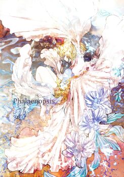 1girl arms_up bare_legs barefoot blonde_hair blue_butterfly blue_dress breasts bug butterfly closed_eyes closed_mouth commentary_request dress frown insect median_furrow medium_breasts original ruka_(blueplus84) short_hair shoulder_blades solo