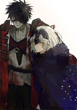 1boy 1girl bandage_over_one_eye bandages black_dress black_hair cape chiemon_(fate) closed_mouth commentary_request dress expressionless fate/samurai_remnant fate_(series) fur-trimmed_cape fur_trim grey_hair headpiece highres japanese_clothes jeanne_d'arc_alter_(fate) jeanne_d'arc_alter_(lancer)_(fate) looking_at_viewer one_eye_covered pale_skin purple_cape red_cape short_hair simple_background umeboitarou white_background
