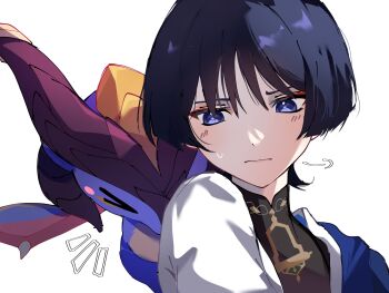 Rule 34 | > <, 1boy, black bodysuit, black hair, blue cape, blunt ends, blush stickers, bodysuit, cape, dragon, dragon horns, dragon wings, durin (real) (genshin impact), euniimii, eyeliner, eyeshadow, floating, genshin impact, hair intakes, head on another's back, highres, horns, japanese clothes, kimono, light blush, looking at another, makeup, male focus, mandarin collar, mini durin (dragon) (genshin impact), mini durin (genshin impact), open clothes, open kimono, purple eyes, red eyeliner, red eyeshadow, scaramouche (genshin impact), small dragon, spoilers, sweatdrop, wanderer (genshin impact), white background, white kimono, white sleeves, wings