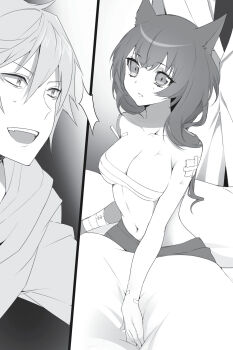 1boy 1girl :d akatsuki_kojou amase_yuno animal_ears bandaged_arm bandaged_chest bandages breasts cat_ears cleavage collarbone greyscale highres long_hair manyako_(mohumohu) medium_breasts monochrome navel non-web_source novel_illustration official_art open_mouth parted_lips slit_pupils smile split_screen strike_the_blood sweatdrop under_covers