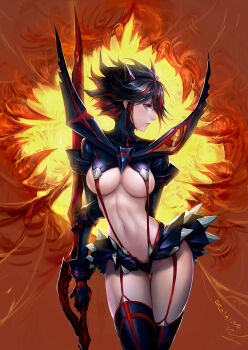 1girl arm_behind_back black_hair blush breasts commentary_request dated fooltown highres holding kill_la_kill large_breasts lips matoi_ryuuko md5_mismatch multicolored_hair navel nose photoshop_(medium) profile red_hair revealing_clothes revision scissor_blade_(kill_la_kill) senketsu short_hair signature solo suspenders thigh_gap two-tone_hair weapon