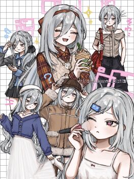 Rule 34 | 1girl, alternate hairstyle, applying makeup, applying own makeup, bag, beret, blue archive, boots, bubble tea, cardigan, cellphone, commentary request, cup, fur-trimmed jacket, fur trim, grey hair, grid background, hair between eyes, hair ornament, hairclip, halo, handbag, hat, high heel boots, high heels, highres, holding, holding cup, holding phone, jacket, kei (blue archive), kei (new body) (blue archive), konkawa 1223, makeup brush, multiple costumes, nervous, phone, pink eyes, pink halo, plaid clothes, plaid shirt, shirt, smartphone, smile, thighhighs, tsurime, twitter username