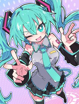 1girl absurdres aqua_eyes aqua_hair aqua_nails aqua_necktie aqua_trim bare_shoulders black_outline black_skirt black_sleeves blush breast_pocket breasts collared_shirt commentary cowboy_shot detached_sleeves double_w drop_shadow dutch_angle elenagr english_commentary frilled_shirt frills grey_shirt hair_between_eyes hair_ornament hand_up hatsune_miku highres long_hair long_sleeves looking_at_viewer medium_breasts miniskirt necktie number_tattoo one_eye_closed open_mouth outline pleated_skirt pocket polka_dot polka_dot_background shirt shoulder_tattoo sidelocks simple_background skirt sleeveless sleeveless_shirt solo tattoo thighhighs tie_clip twintails untucked_shirt very_long_hair vocaloid w white_background wide_sleeves zettai_ryouiki