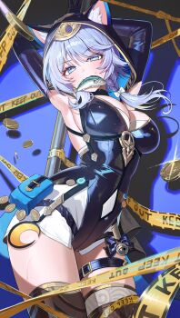 1girl @_@ absurdres armpits arms_up belt black_gloves black_hood black_leotard blue_eyes blue_hair cat_girl caution_tape cipher_(honkai:_star_rail) coin ears_through_hood fish_in_mouth gloves gold_coin highres honkai:_star_rail honkai_(series) hooded_leotard keep_out leotard pole shorts solo spotlight suisen_(suisenhwa) sweat thigh_belt thigh_strap white_shorts