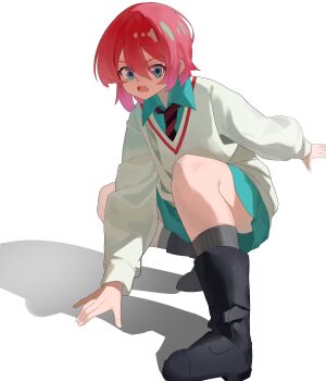 1girl amate_yuzuriha aqua_eyes aqua_shirt aqua_skirt black_boots boots chinese_commentary collared_shirt commentary_request full_body grey_socks grey_sweater gundam hair_between_eyes highres legs long_sleeves looking_at_viewer medium_hair miniskirt necktie open_mouth red_hair red_necktie shirt shirt_under_sweater simple_background skirt socks solo squatting sweater teeth upper_teeth_only white_background zhileng_zhil